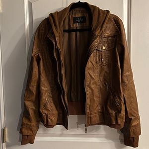 L.A. Coalition hooded sweatshirt vegan leather camel jacket